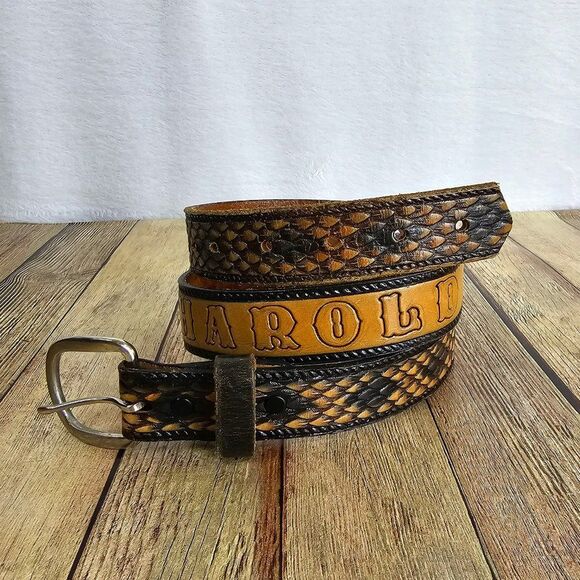 Hand Tooled Genuine Leather Custom Harold Western Snake Embossed Belt Size 38 - Picture 1 of 9